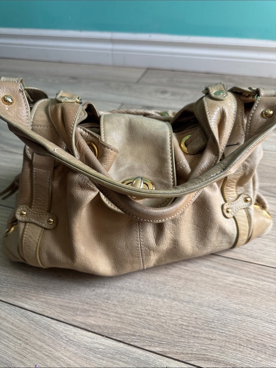 Marciano Handbags - Marciano Beige Leather Shoulder Bag with Gold Hardware
